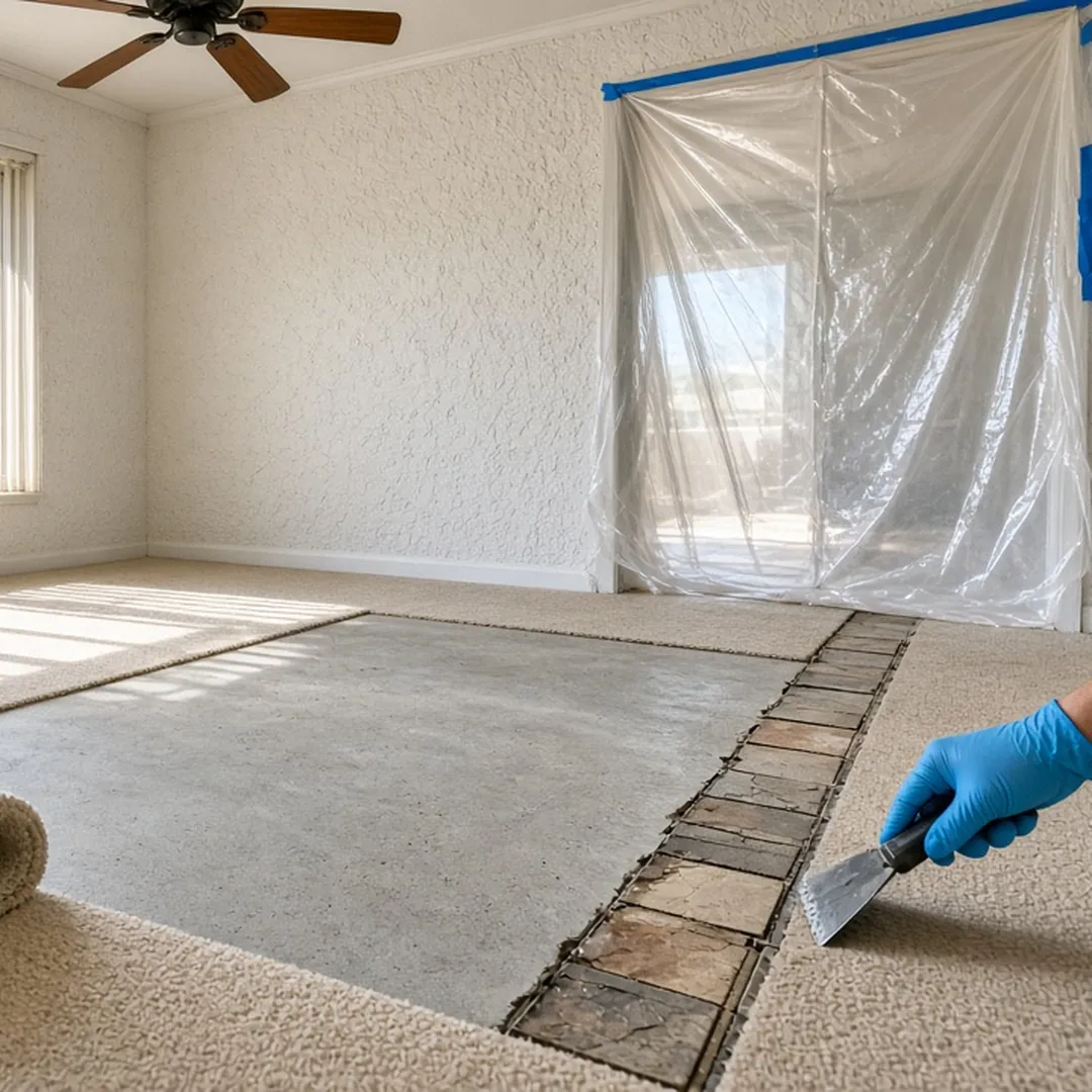 Section of carpet and pad removed down to the concrete slab during biohazard cleanup in a San Bernardino home