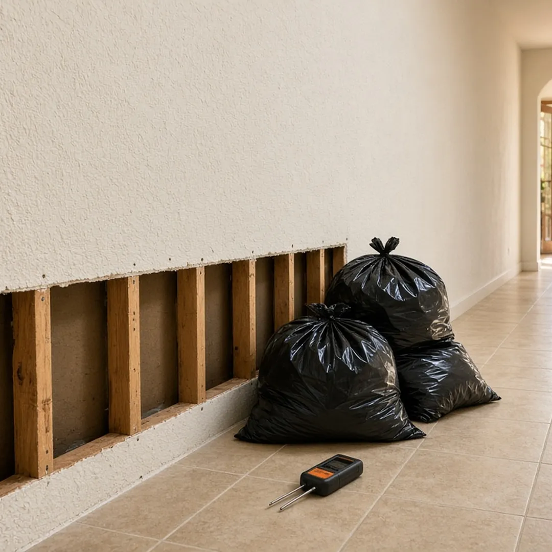 Drywall cut above the water line and stacked in sealed bags after sewage cleanup