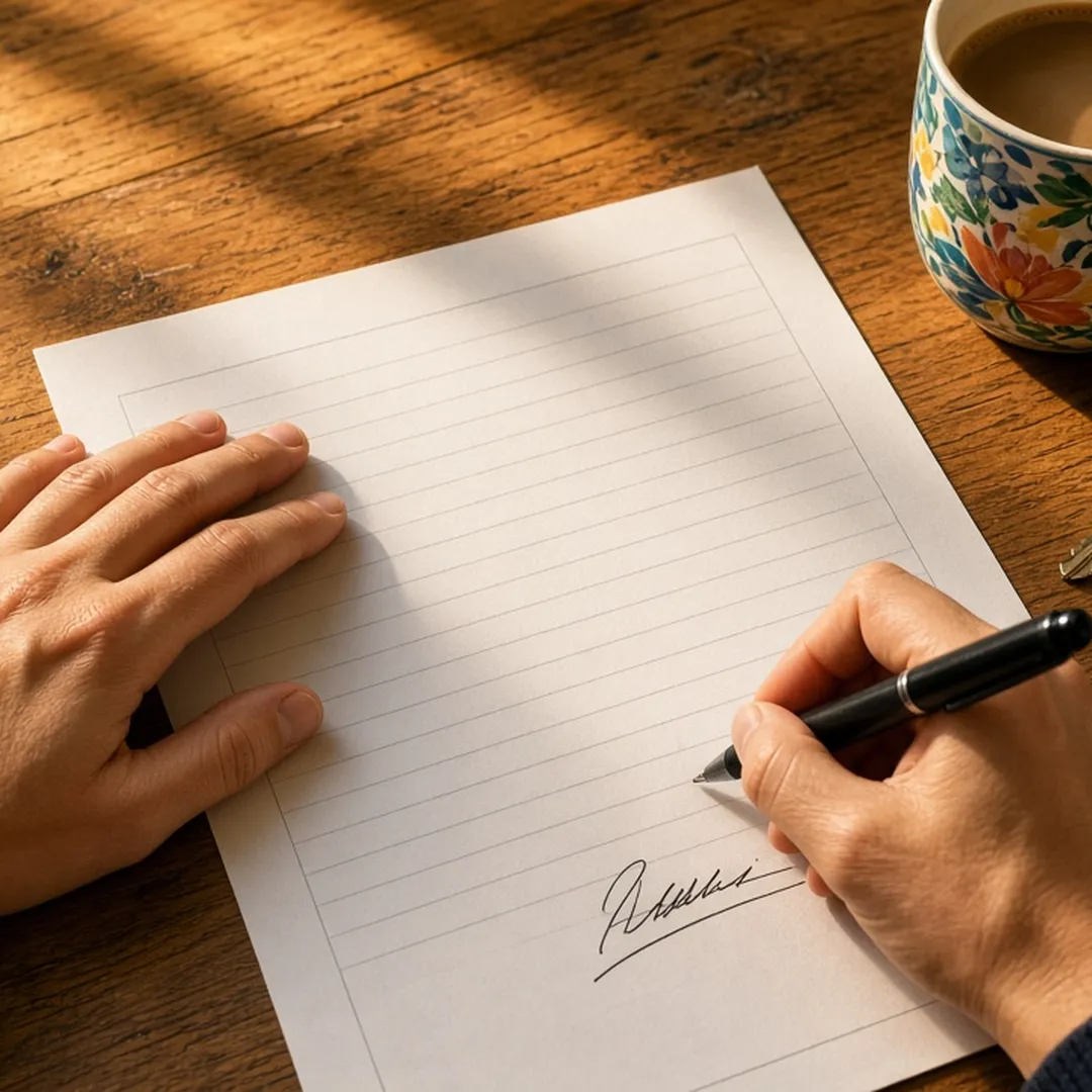 Family member's hands signing a cleanup scope at a kitchen table