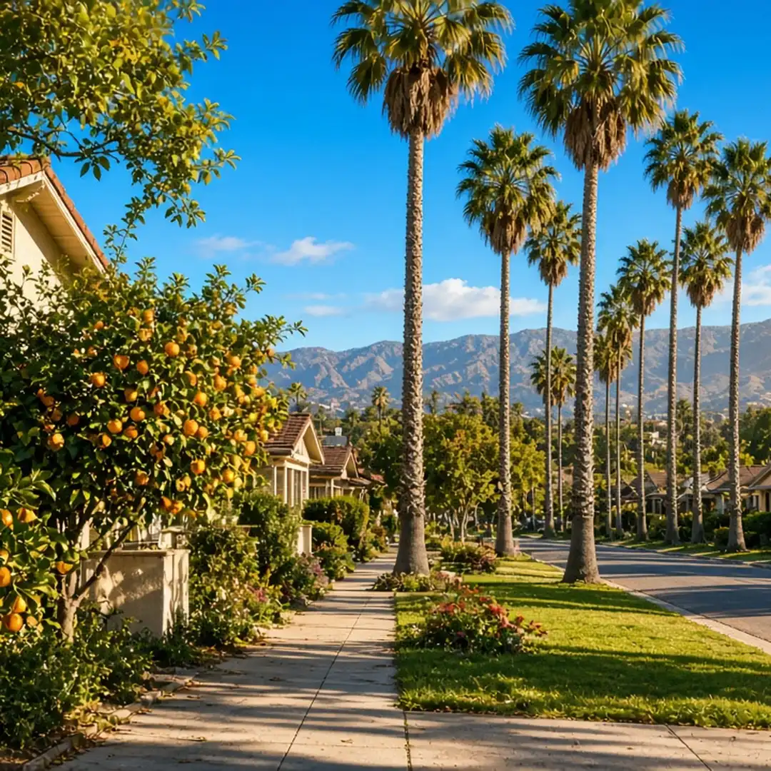 Residential street in Redlands with older homes and citrus trees in the front yards