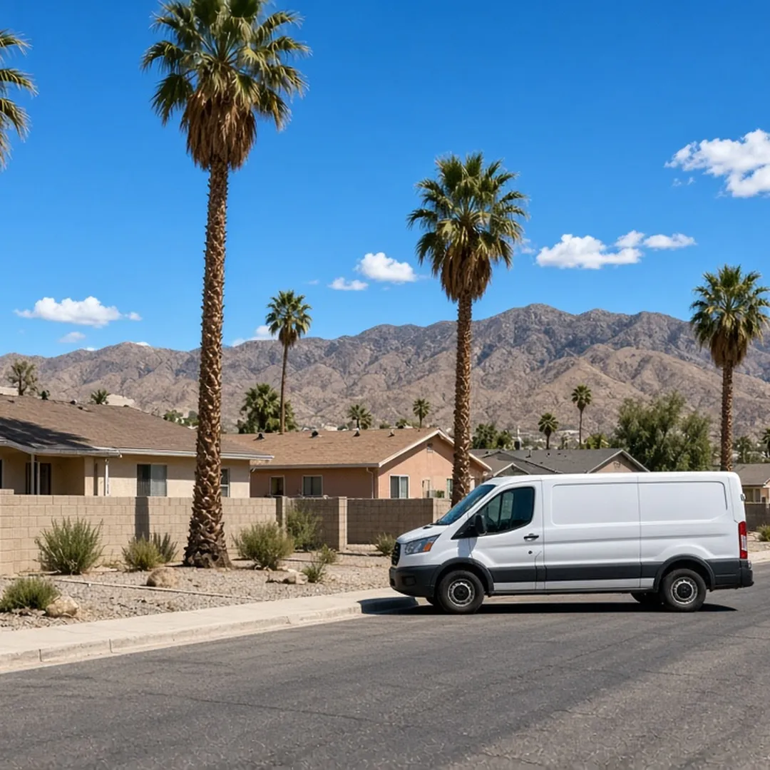 Plain unmarked white van parked on a quiet San Bernardino residential street